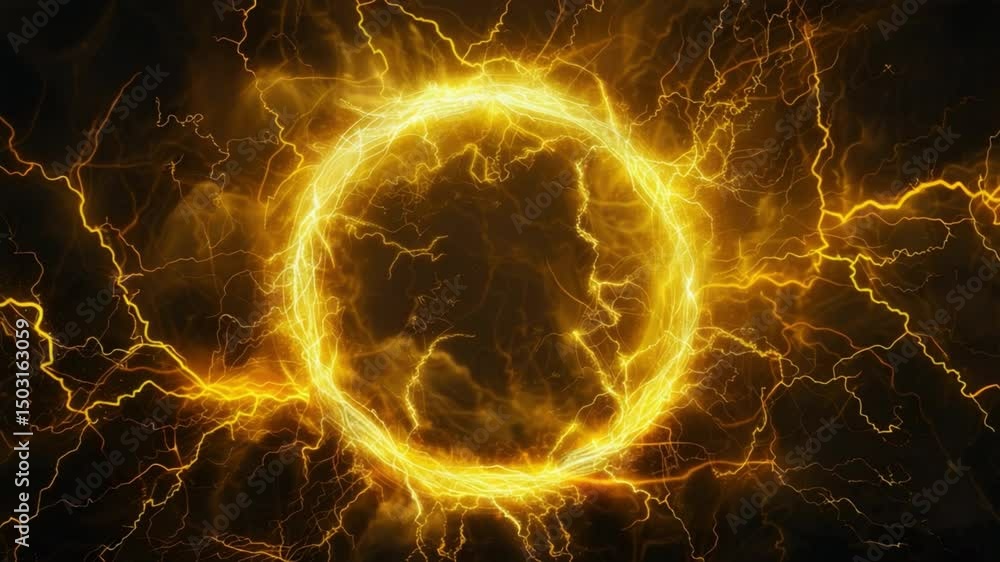Poster bright and dynamic electric lightning circular frame on dark background for eye-catching visual elem