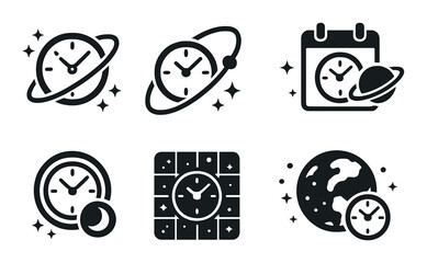 Cosmic timepiece silhouette icons set &ndash; celestial, clock and lunar style symbols