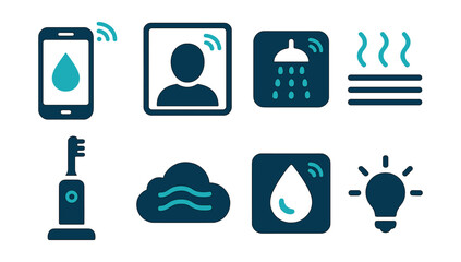 Two-Color vector icons of smart bathroom: water usage monitor, smart mirror, digital shower control, heated floor icon. Toothbrush charging, air quality icon, humidity control, light mood icon.