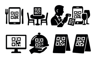 Restaurant qr code silhouette icons set – dining, digital menu, and scanning symbols