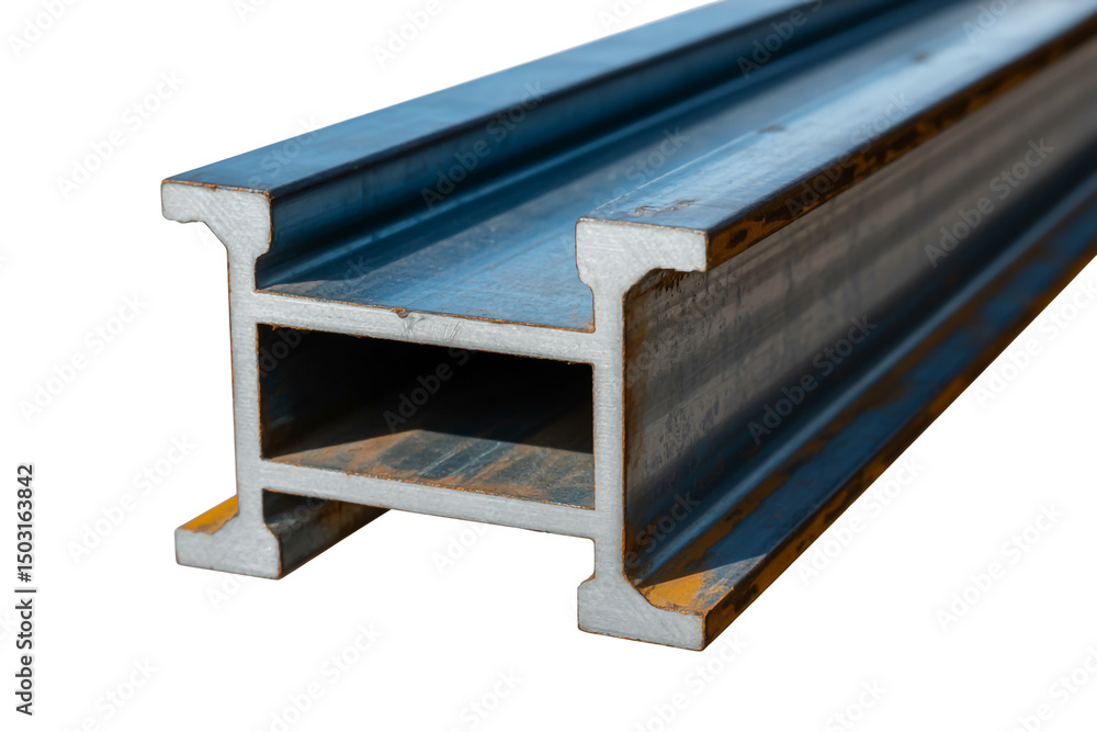 Poster a close up view of a steel i beam isolated on a white background showing the structure and material