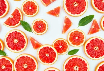 Vibrant grapefruit slices arranged in a flat lay pattern on white background, ample copy space,  food,   tart