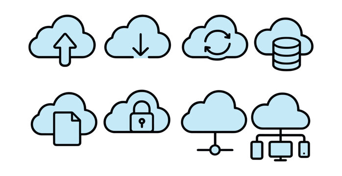 Outline with Fill style icons of cloud computing: cloud upload, cloud download, data sync, cloud storage, file sharing, encrypted cloud, network access, multi-device connection.