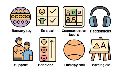 Outline with Fill style icons of special education tools: sensory toy, visual schedule, communication board, noise-canceling headphones, support aid, behavior chart, therapy ball, learning aid.