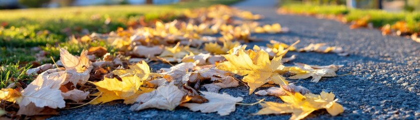 Fototapeta premium Autumn leaves falling on pathway park nature scene bright day ground level seasonal changes
