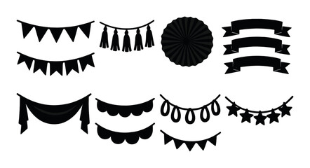 Decorative banner silhouette icons set – festive, celebration and party symbols
