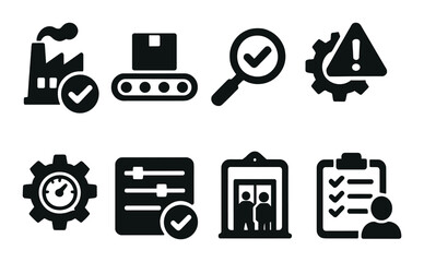 Manufacturing and quality icons set – silhouette, production and control visuals