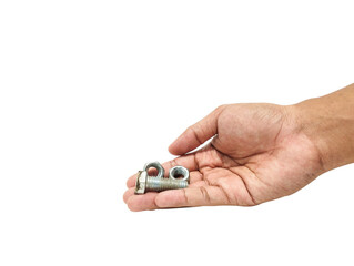 Hand holding a bolt and screw nuts