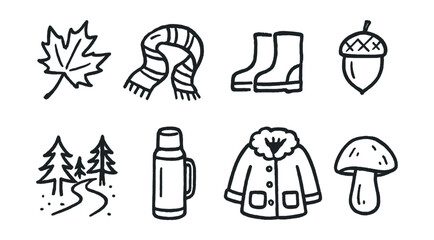 Hand-drawn vector icons of autumn walk: falling leaf, scarf, boots, acorn, forest path, thermos, cozy coat, mushroom.