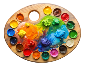 palette with paints and brushes top view  isolated on white background. PNG Transparent file type with high definition quality And vibrant color grading Available.