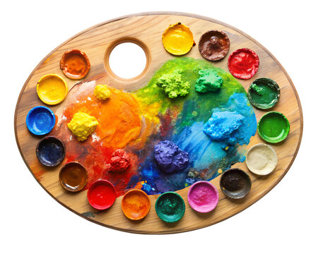 palette with paints and brushes top view  isolated on white background. PNG Transparent file type with high definition quality And vibrant color grading Available.