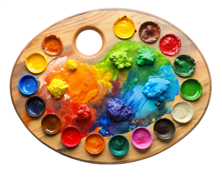 palette with paints and brushes top view  isolated on white background. PNG Transparent file type with high definition quality And vibrant color grading Available.
