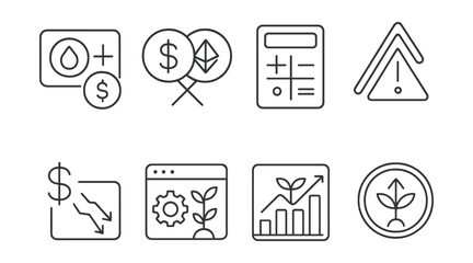 Line style icons of crypto farming: LP token minting icon, liquidity pair badge, pool share calculator, slippage warning symbol, impermanent loss alert, yield optimization tool, farming profit/loss