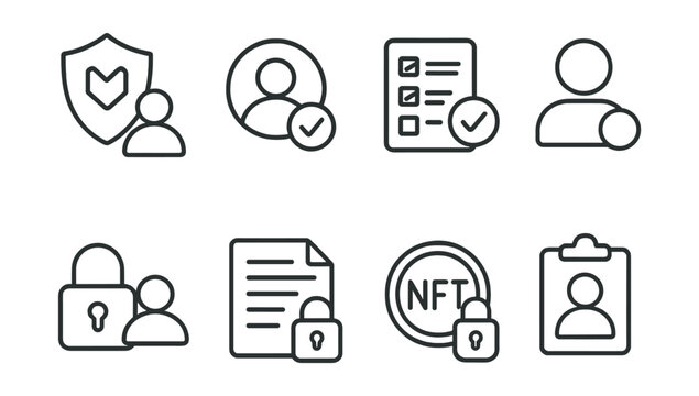 Line style icons of digital identity: DAO identity membership, verified community member badge, voting eligibility proof, access control icon, private content unlock, NFT gated access icon, whitelist