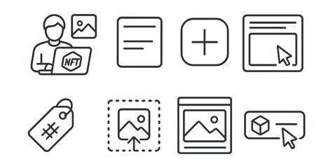 Line style icons of NFT crafting: NFT collection creator, collection title form, symbol generator field, description editor panel, category tag assigner, collection icon uploader, collection banner