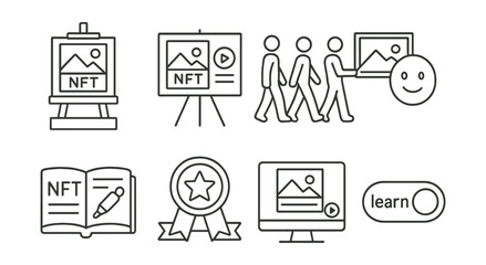 Line style icons of NFT galleries: educational gallery label, tutorial display panel, guided exhibition walkthrough, beginner-friendly collection mode, NFT art glossary icon, artist intent badge,