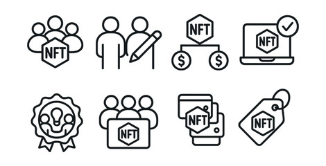 Line style icons of NFT crafting: community collab mint, co-creator field icon, royalty split for teams, shared creator NFT, DAO-approved mint process, joint creative badge, multiple wallet
