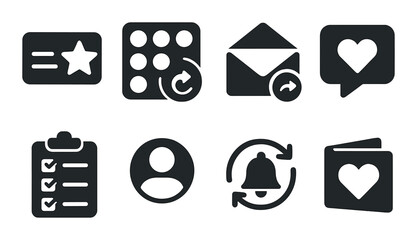 Customer loyalty silhouette icons set – simple retention and rewards program graphics