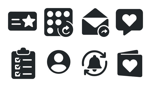 Customer loyalty silhouette icons set – simple retention and rewards program graphics