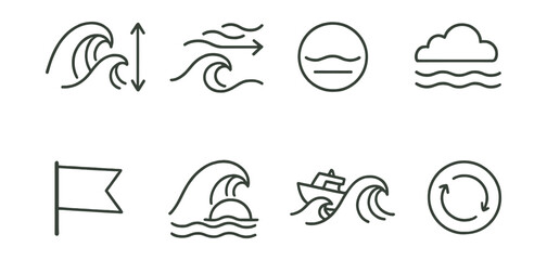 Line style icons of marine weather: wave height icon, sea breeze, tide level badge, coastal fog symbol, marine advisory flag, storm surge icon, boat in rough water, ocean current ring.