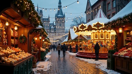 Fototapeta premium Magical European Christmas Market at Twilight with Festive Carousel and Cozy Wooden Stalls in a Snowy City Street