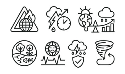 Line style icons of extreme weather: climate emergency symbol, rapid change alert, tipping point badge, extreme weather trend icon, ecosystem collapse ring, planetary stress chart, high-impact