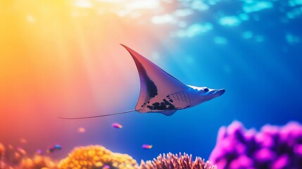 Stunning manta ray gracefully swimming in a colorful coral reef. Underwater scene showcasing vibrant marine life and ocean beauty.