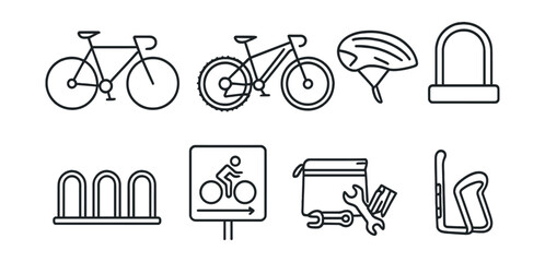 Line style icons of bicycle transport: road bike, mountain bike, helmet icon, bike lock, bike rack, cycle path sign, repair kit, water bottle holder.