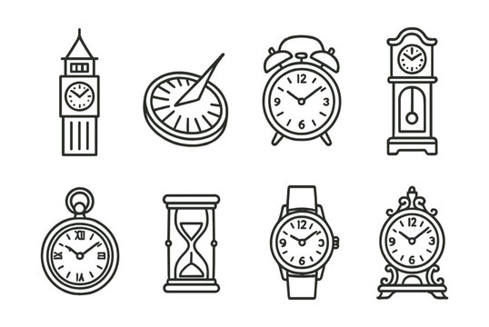 Line style icons of time: historical clock tower, sundial icon, vintage alarm clock, grandfather clock, pocket watch badge, old hourglass symbol, antique wristwatch, ornate timepiece.
