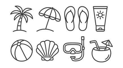 Line style icons of beach vacation: palm tree, beach umbrella, flip-flops, sunscreen tube, beach ball, seashell, snorkel mask, coconut drink.