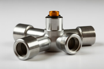 A close up of a silver metal plumbing fixture with an orange cap on a white background surface