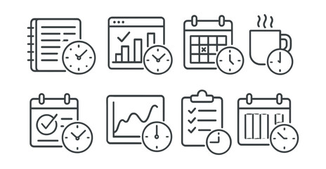 Line style icons of time management: hourly planner, productivity tracker, calendar event, break timer, postponed task icon, daily rhythm chart, time audit, week overview.