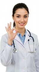 a young female doctor making and showing a signature, on a pure white background
