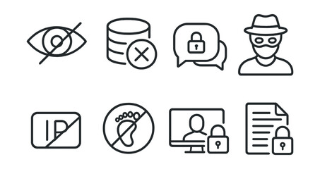 Line style icons of digital privacy: incognito eye, anonymized data icon, private chat bubble, masked user, hidden IP icon, no tracking badge, secure video call, encrypted file.