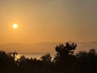 Golden dawn over the sea and mountains, with silhouettes of tropical plants. The beginning of a hot and sunny day.