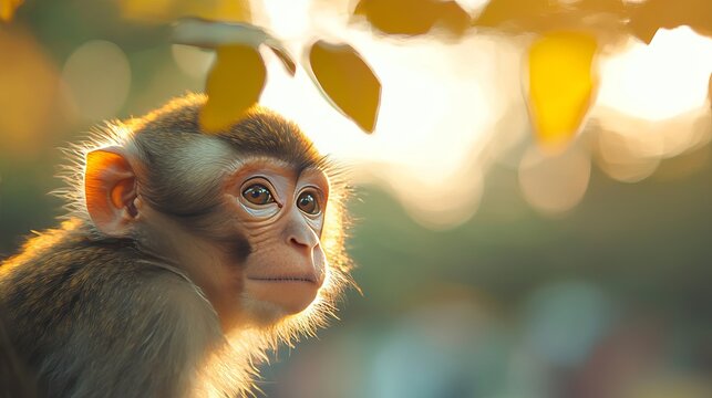Adorable baby monkey portrait in warm sunlight, surrounded by foliage.  Wildlife, nature, primate, animal photography concept.