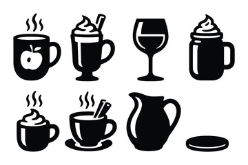 Thanksgiving drink icons set – silhouette, festive beverages and holiday symbols