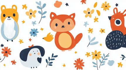 Charming Cartoon Animals and Floral Decoration for Children's Room Decor