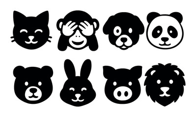 Animal emoji icons set in silhouette – simple, cute animal face symbols for messaging