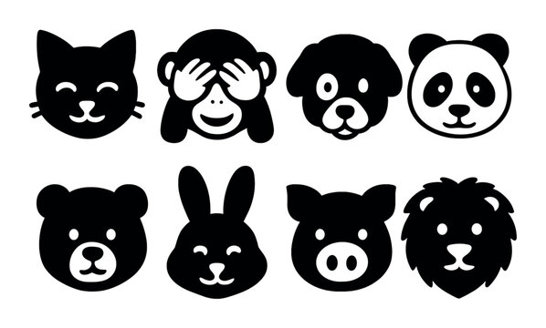 Animal emoji icons set in silhouette – simple, cute animal face symbols for messaging