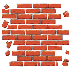 A detailed illustration of a red brick wall, with some bricks appearing to be broken or falling off. This artwork could represent the theme of construction, destruction, or even resilience