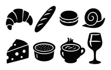 Parisian cuisine silhouette icons set – outline, french food and drink symbols