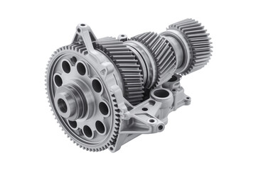 Obraz premium A detailed view of a complex set of gears and mechanical components on a white background studio shot