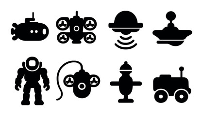 Underwater robots silhouette icons set – aquatic, marine technology symbols