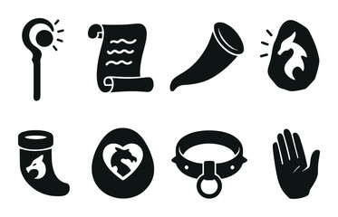 Dragon taming silhouette icons set – magical beast training symbols and fantasy elements