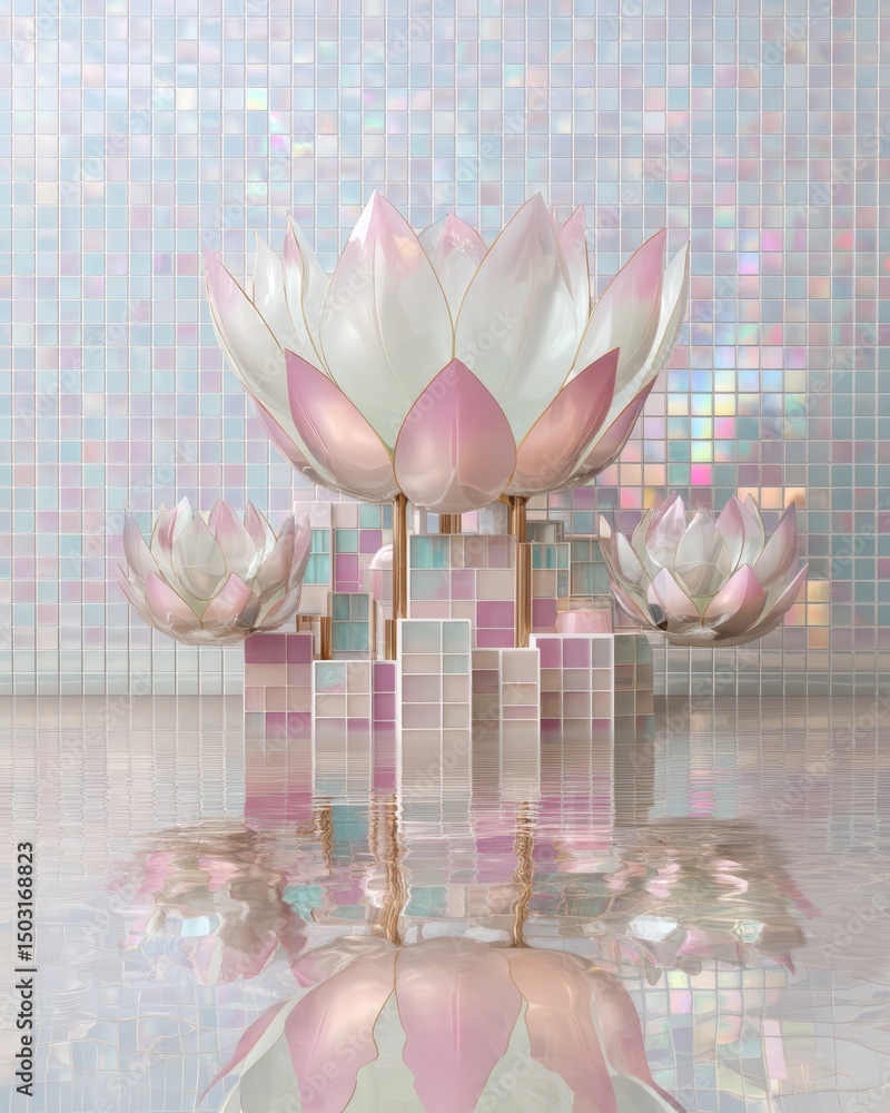 Poster tranquil and serene image of delicate lotus flowers floating on a still reflective pool of water cre