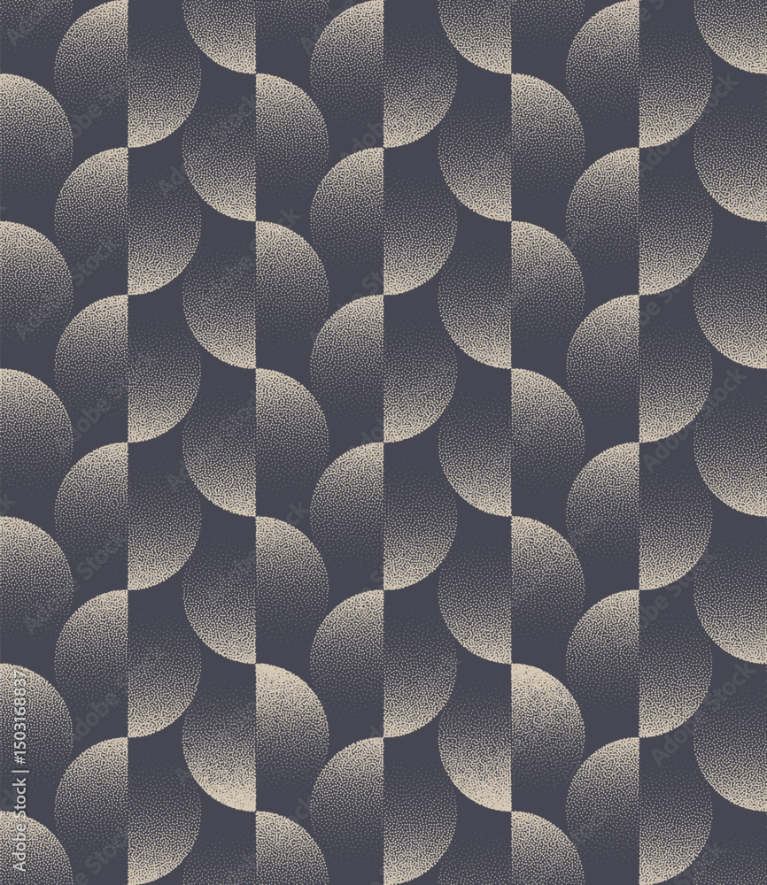 Poster bold geometric retro split circles pattern with halftone stipple texture in a seamless format. divid