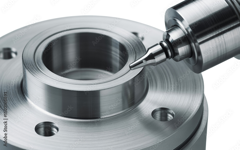 Aufkleber close up of a metal cnc machine tool with a silver finish working on a round metal component