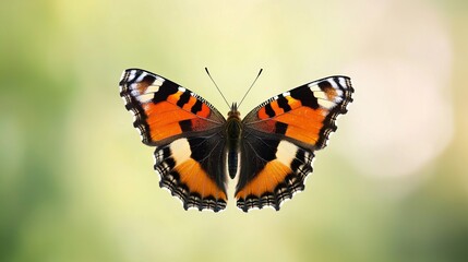 Fototapeta premium Close up of a Small Tortoiseshell Butterfly against a blurred green background. Nature, insect, wildlife, beauty.