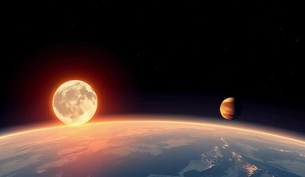 The retro-style flat vector of Earth, Venus, and Mars aligns against a deep cosmic background. The planets emit a soft interplanetary glow, and the camera slowly pans across the alignment